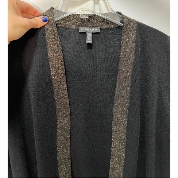 Eileen Fisher Womens Sz PM P M Black Gold ITALIAN Wool Cardigan Tassel Scarf Set - Picture 14 of 16